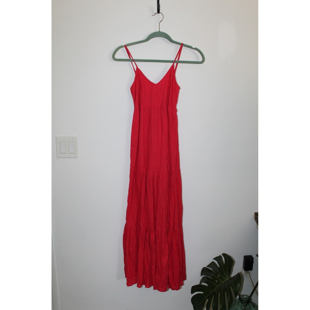 Billabong Red Cotton Tiered Maxi Dress Smocked Back XS Beach Classic Long